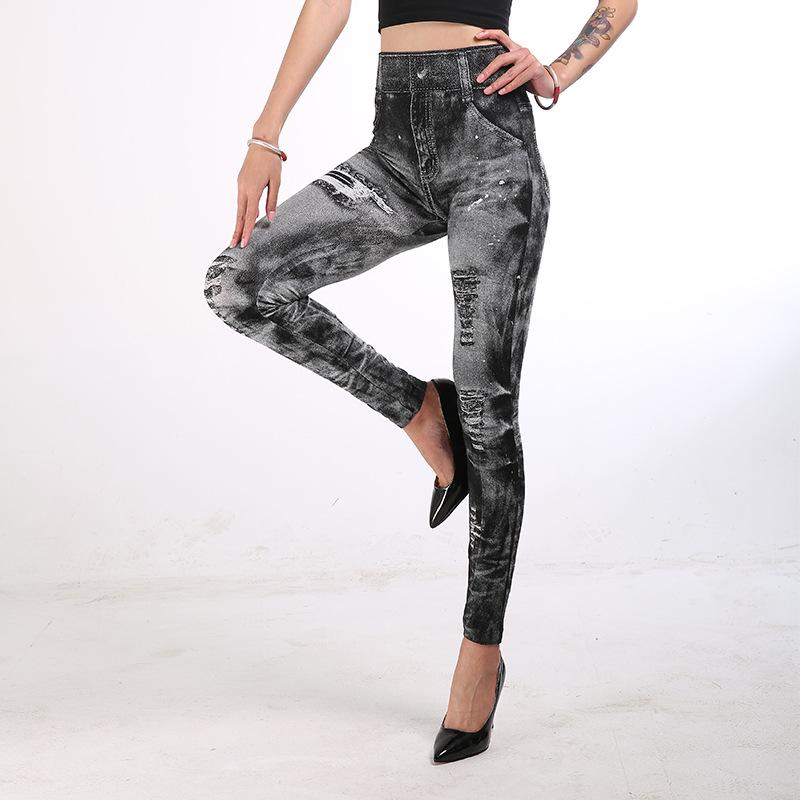 Women Slim Cropped Trousers Elasticity Casual Pants Imitation Denim High Waist Push Up Leggings