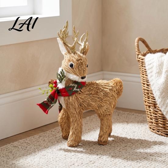 Forest Atmosphere Party Supplies Handmade Straw Deer/Squirrel Christmas Ornaments with Scarf Retro Pastoral Style Handcrafted Seasonal Gift