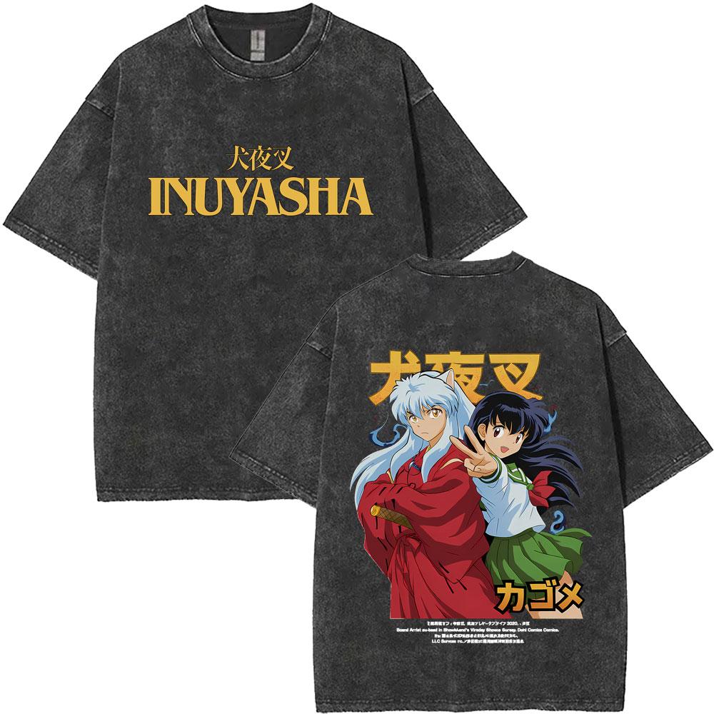 Washed Vintage Anime Inuyasha Graphic Print Tshirt Men Women Casual Oversized Cotton T Shirts Mens Retro Cartoon Streetwear