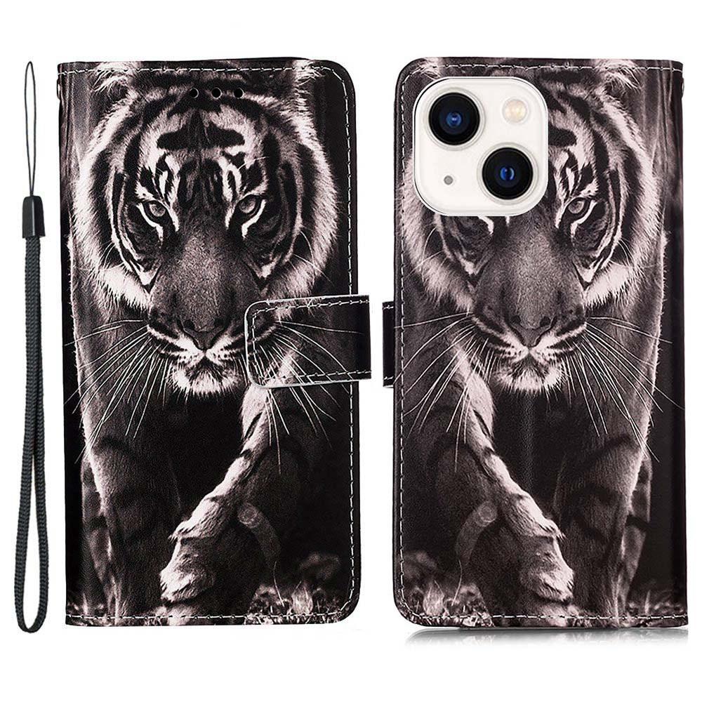 

For iPhone 15 Leather Case with Strap and Card Holder Pattern Printing Phone Stand Cover Tiger