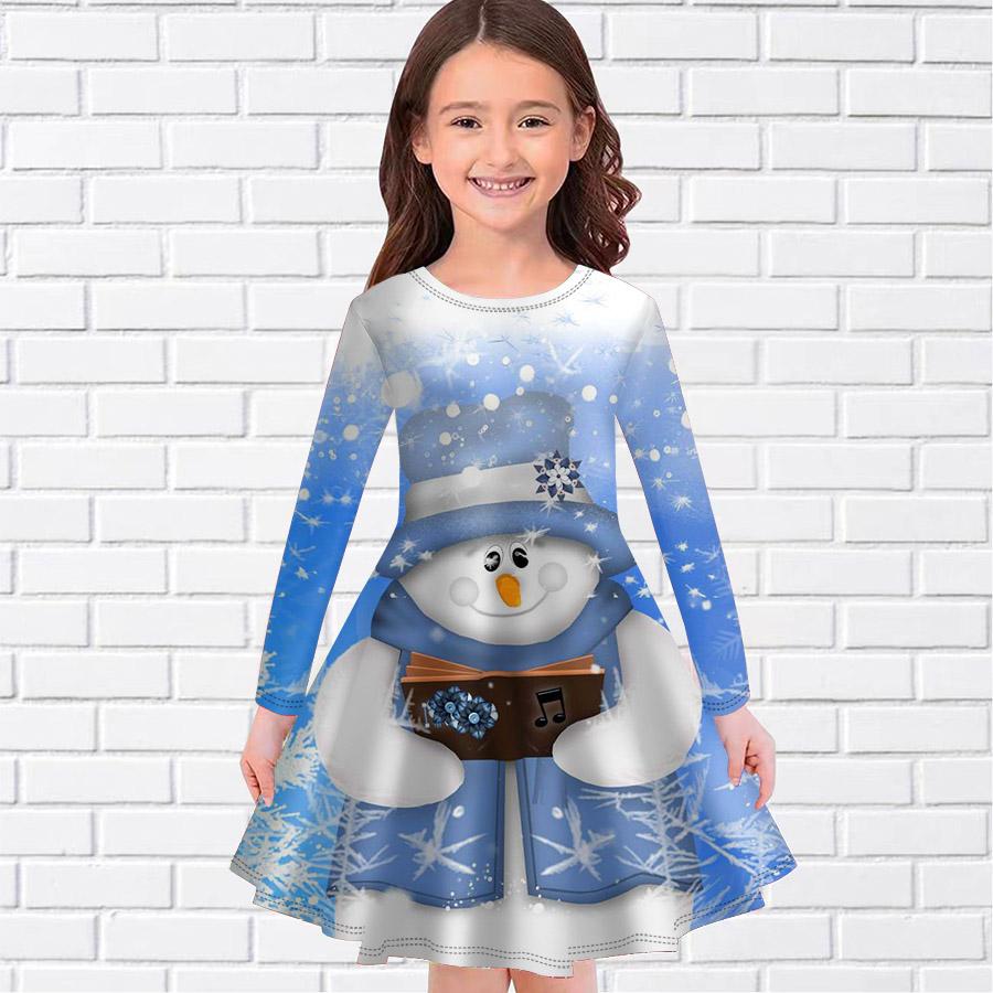 Flicka Ledig Snögubbe Present Tryck Rund Hals Långärmad Klänning Barn Prinsessklänning