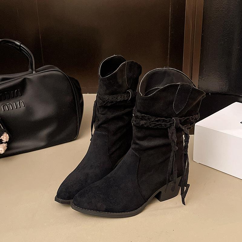 

Autumn short boots women s 2025 new suede retro pointed tassel short tube stacking boots medium tube boots medium heel single boots 35 чёрный