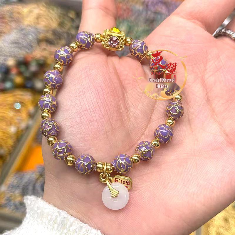Purple Cloisonné Enamel Flower Bracelet with Gold Foil