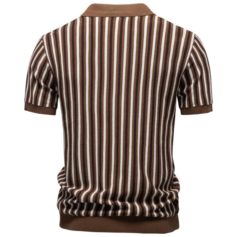 Summer Men's Striped Knit Polo Shirt Short Sleeve Casual Top