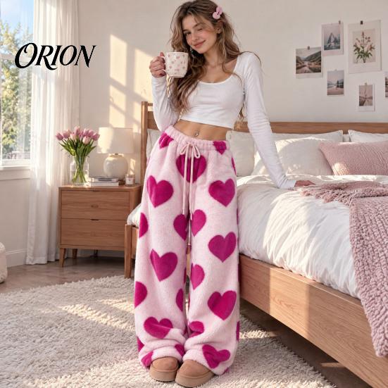 Soft Drawstring Sleeping Trousers Women Fuzzy Pants, Heart Print Wide Leg Pajama Bottoms with Elastic Cozy Winter Home Pants Waist Drawstring,