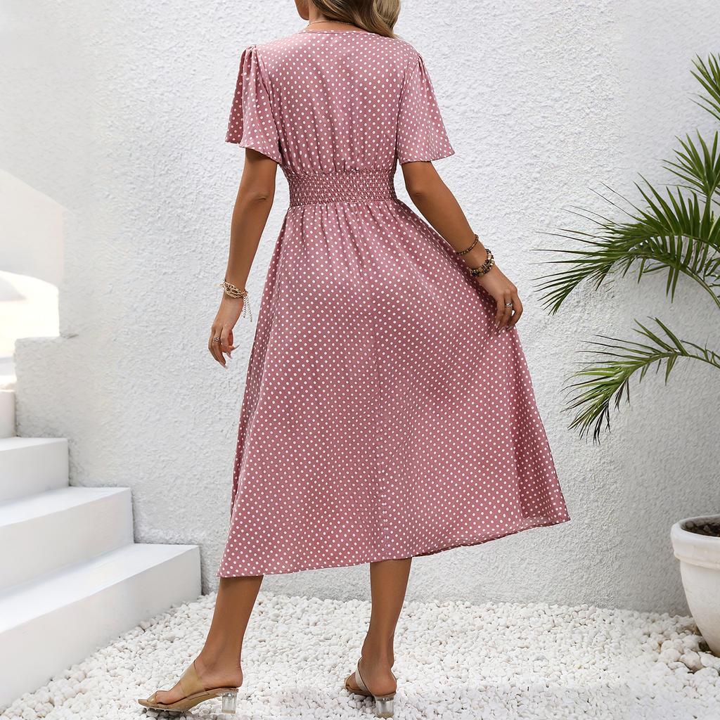 Damen-Freizeitkleid mit V-Ausschnitt, taillierter Silhouette und Polka-Dots, kurzen Ärmeln