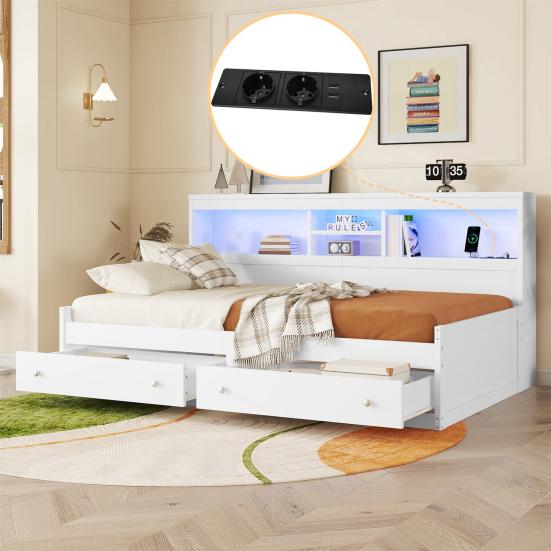 Double Bed High Durability Open Shelves Ambient Light Design Good Load Capacity Built-in Charger Heavy Duty Bedroom Sofa Bed with Drawers for