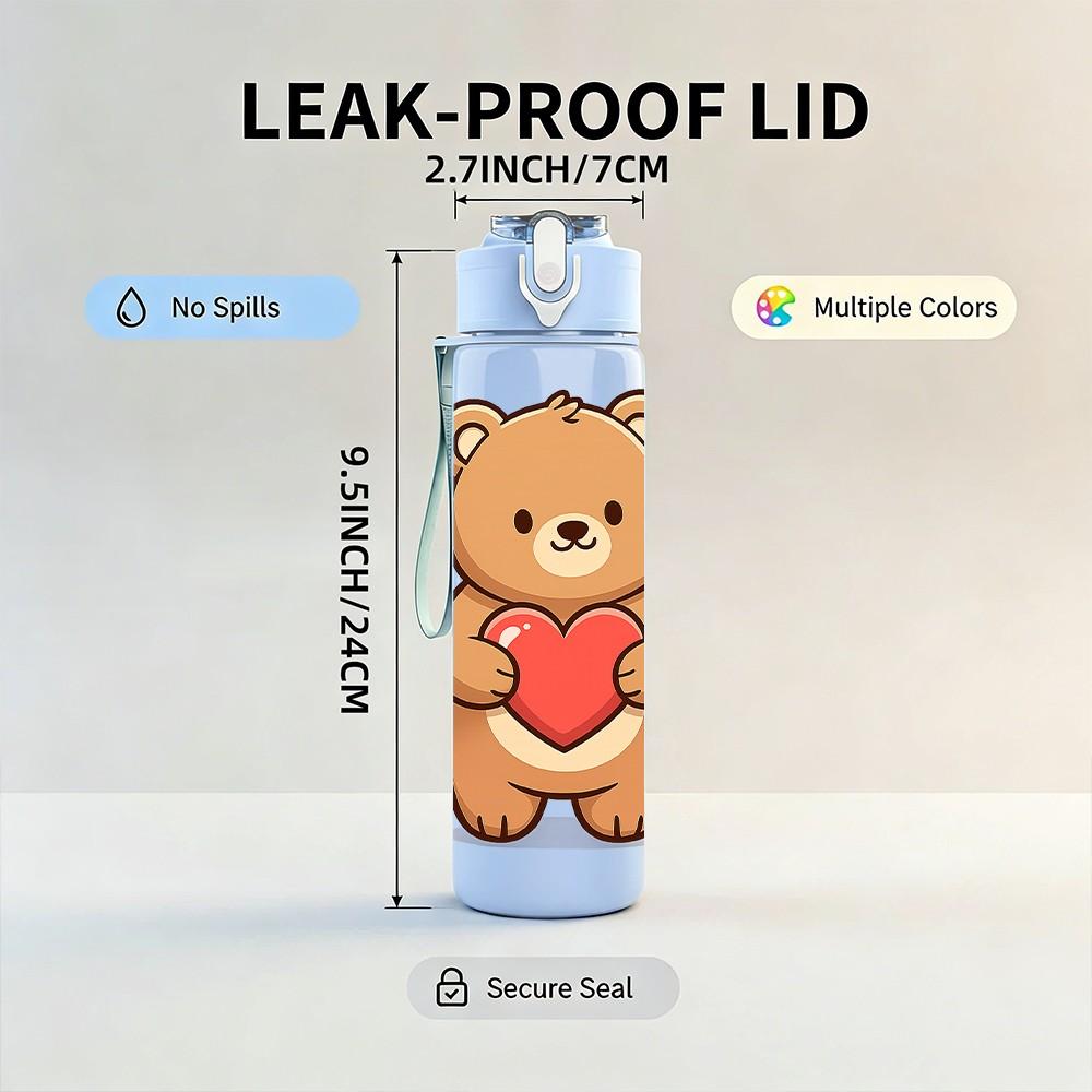 1PC Hugging Heart Teddy Bear 750ml Color Plastic Sports Water Bottle Leakproof Flip Straw Lid Suitable for Sports Office Home Use