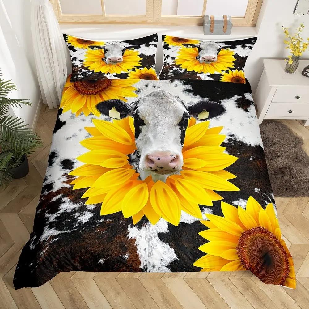 Cow Duvet Cover Collection King Microfiber Milk Cow And Yellow Sunflower Print Comforter Cover Cute Animal And Floral Theme Bedding Collection