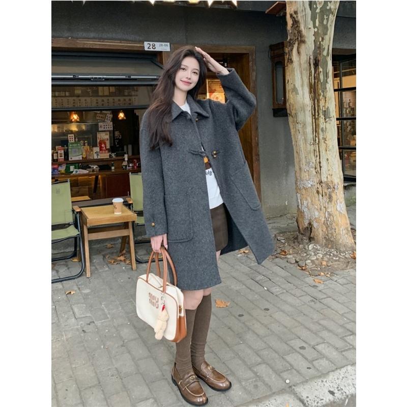 Gray Wool Coat Women Autumn Winter Middle Long Length Petite Pure Color Button Design Outerwear