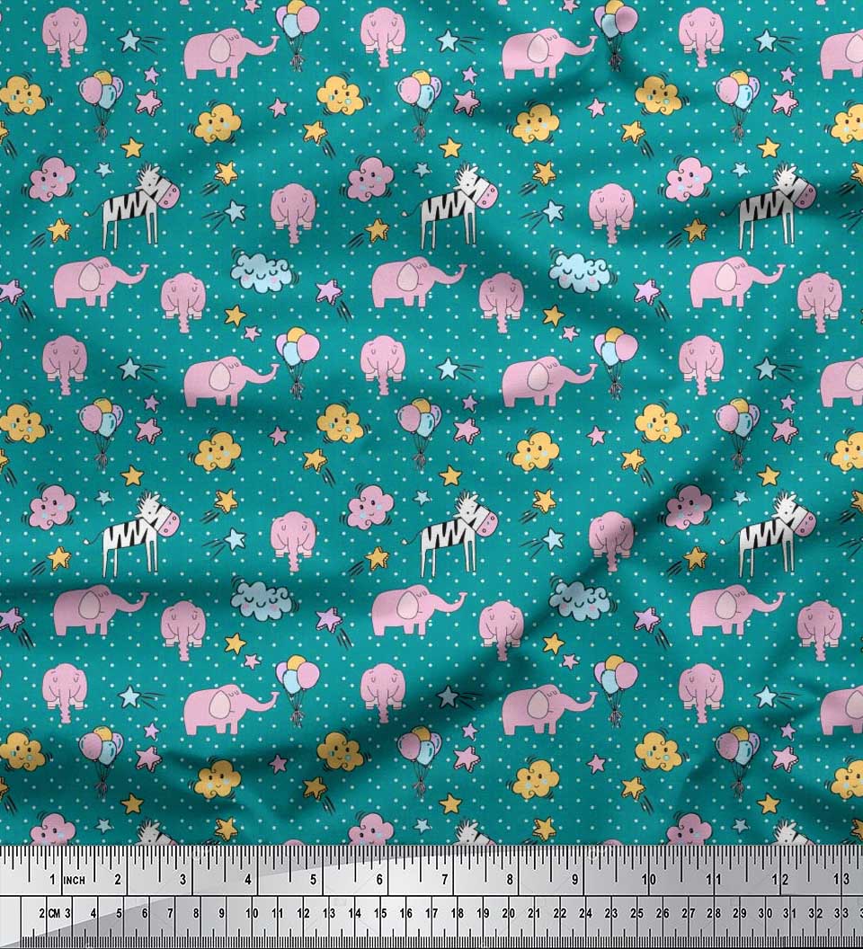 

Тканина для рукоділля Soimoi Japan Crepe Satin Cloud, Star & Cute Elephant Kids Printed на метри 42 дюйма 42 Inch Wide - Poly Crepe зелений