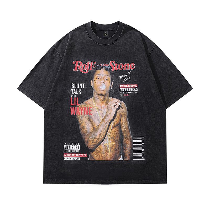 American Retro Trendy Brand Hip-Hop Portrait Print Washed Old Short-Sleeved T-Shirt Men'S And Women'S Vintage Half-Sleeved Top