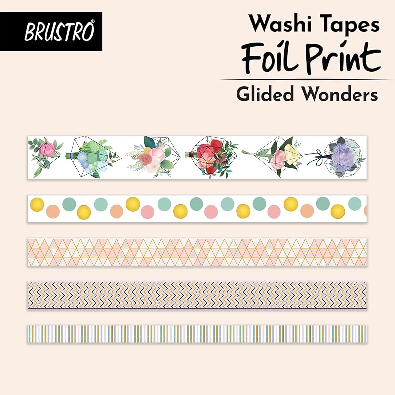 

Brustro Washi Masking Tapes Foil Prints Glided At All Places Wonders Shade, Set Of 5 (25 Mm X 5M - 1 Tape, 15 Mm X 5M - Foil Print