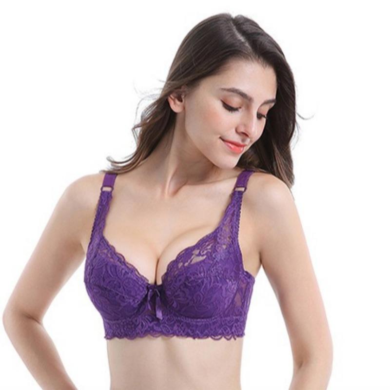 Thin Plus Size Sexy Lace Bra with Underwire and Adjustable Side Push-up for Women