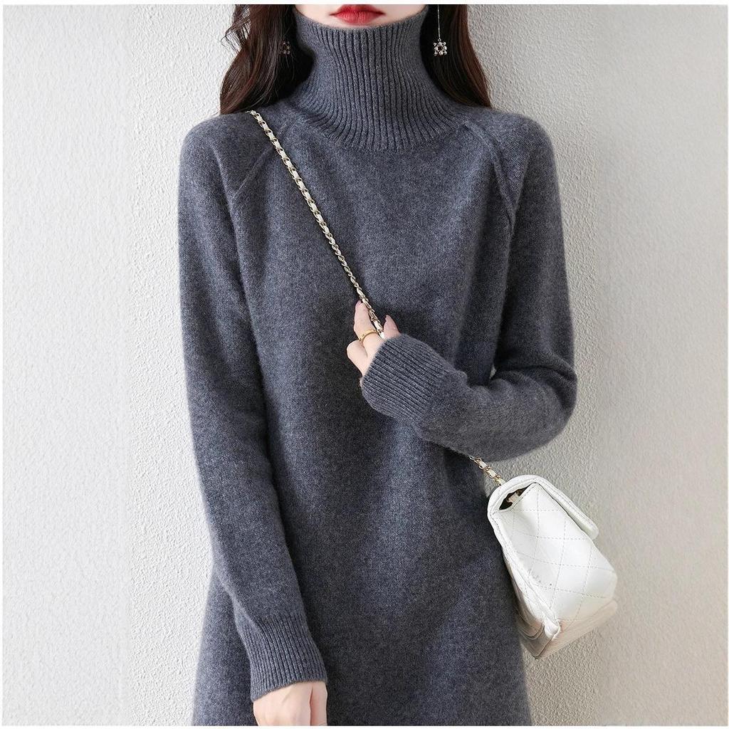 Women's Plus Size High Neck Knit Sweater Dress - Mid-Length, Loose Fit, Fashionable Style