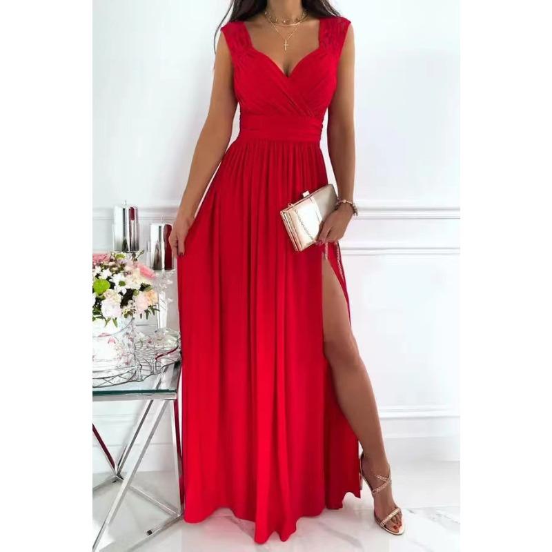 

Кружевное платье без рукавов с открытой спиной и разрезом по подолу в европейском и американском стиле XXL