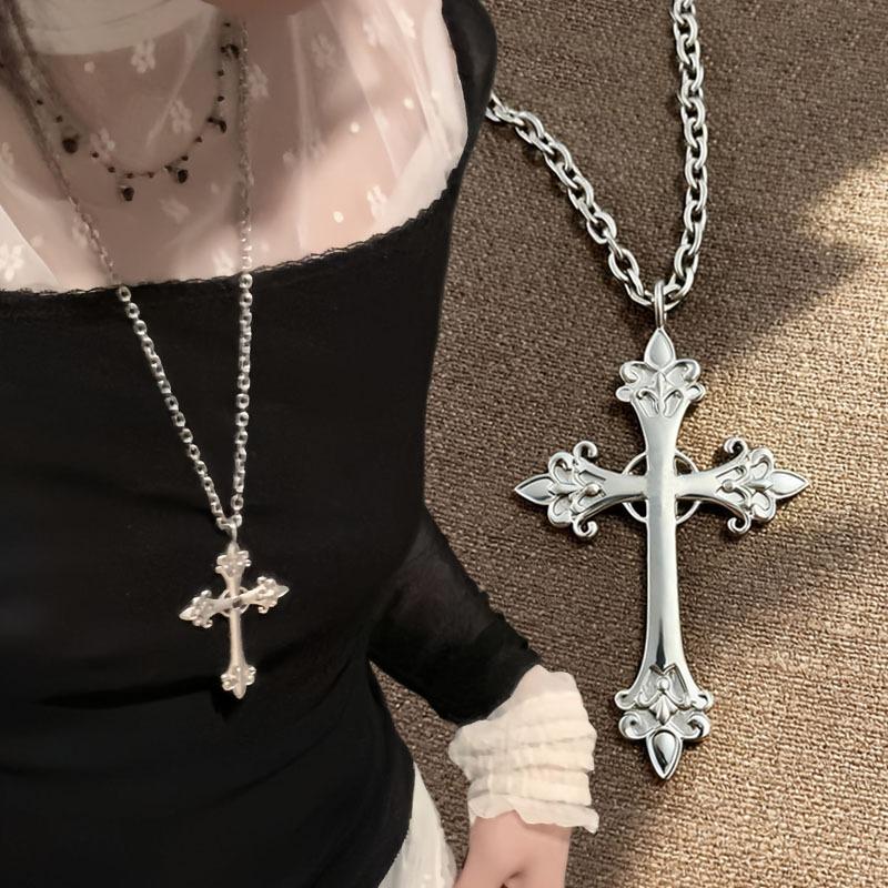 Hip Hop Rose Kreuz Halskette 45cm 60cm Edelstahl Gotische Blume Anhänger Street Style Choker für Damen Herren Party Accessoire