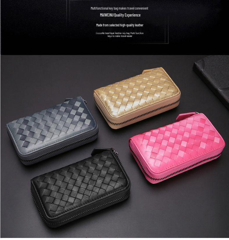 Men's Knitted Leather Car Key Pouch - Large Capacity Zipper Key Holder with Portable Keychain
