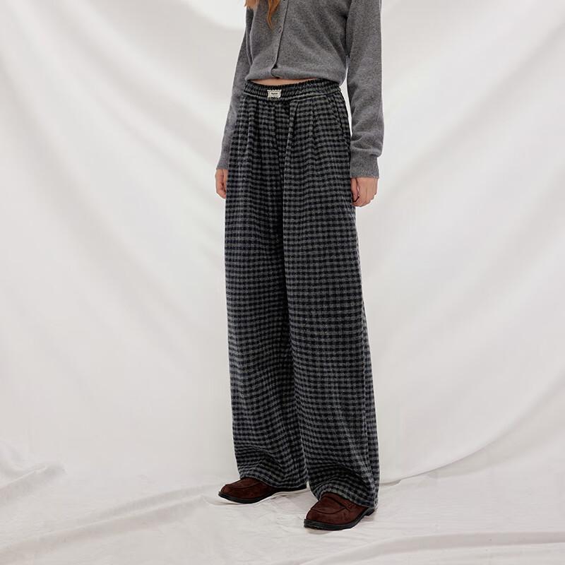 UNIFREE Retro Plaid Fleece-Lined Wide-Leg Casual Pants