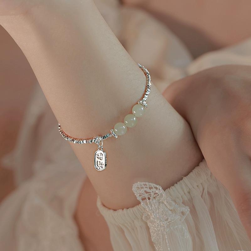 S925 Sterling Silver Natural Jade Hetian Jade Small Pieces of Silver Bracelet Girls Retro Minority Design Sense All-Matching