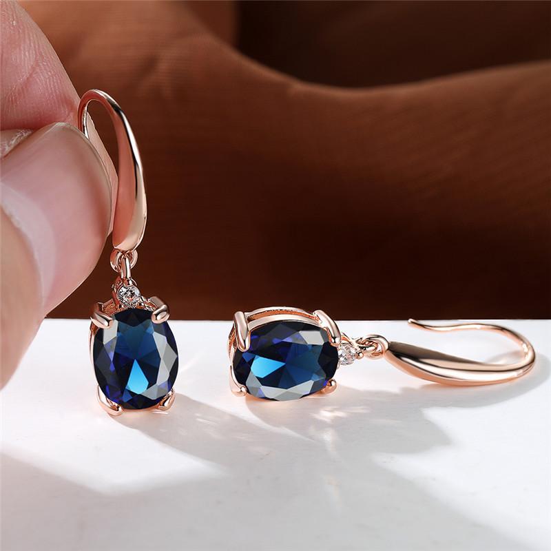 Aqua Blue Zircon Long Dangle Earrings Rainbow Crystal Oval Stone Drop Earrings Trendy Rose Gold Color Wedding Earrings For Women