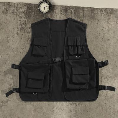 Men Cargo Waistcoat V-neck Sleeveless Multi Pockets Vest Coat Loose Fit Solid Color Casual Style Cargo Vest Outwear