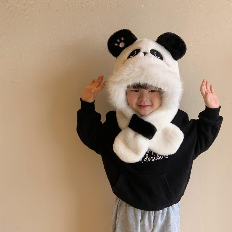 Autumn and Winter Children's Hat and Scarf All in One Thickened and Warm Cartoon Plush Super Cute Panda Plus Velvet Baby Ear Protection Hat
