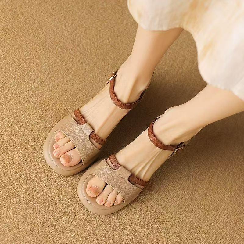 Fashion Summer 2025 New Thick-soled, Thick-heeled Sandals for Women, Retro Color-blocking, Versatile Casual High-heeled Roman Shoes