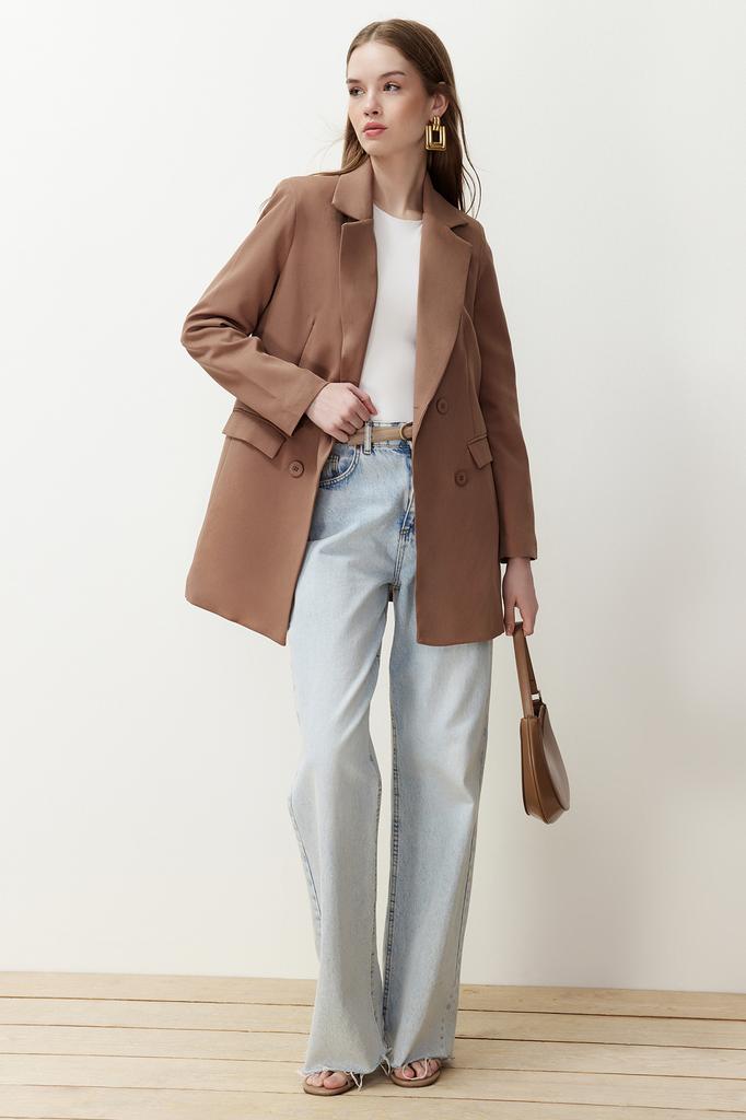 Women's Fashion New Hijab Jacket Mink Double Button Detailed Pocket Lined Blazer Woven Jacket TCTSS22CE025