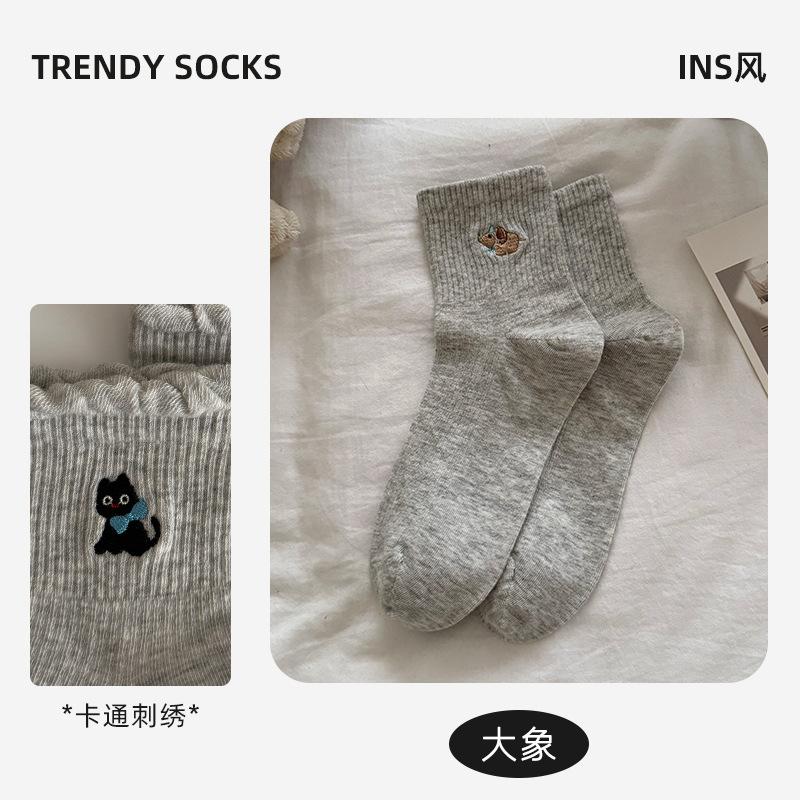 Socks Women'S Summer Cotton Socks Solid Color Embroidery Lace Mid-Tube Socks Cute Animal Sports Socks Socks Industry
