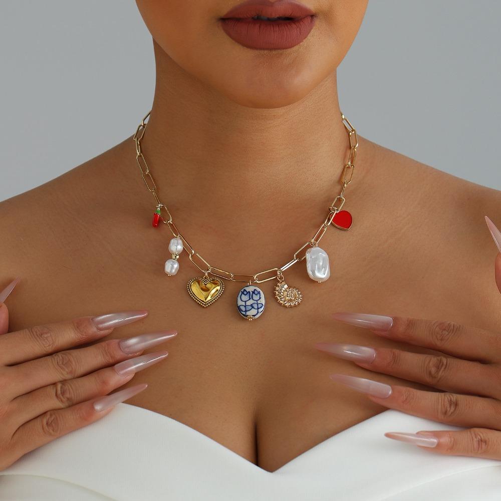Retro Temperament Baroque Pearl Chili Heart Sun Enamel Pendant Choker Multi‑Charm Paperclip Link Necklace for Women Jewelry Gift