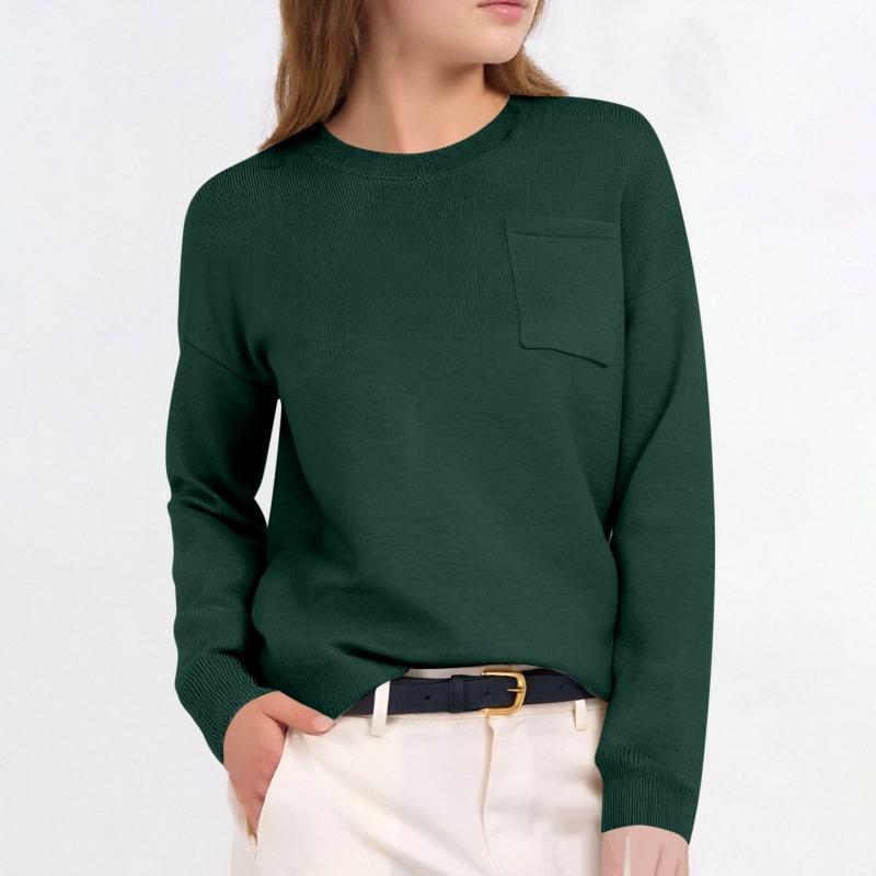 Autumn and Winter Women's Casual Solid Color Pocket Round Neck Long Sleeved Pullover Sweater for Women