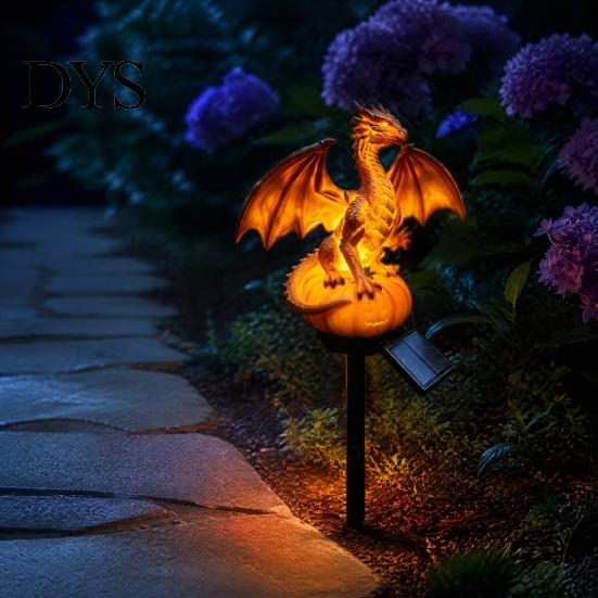 Solar Powered Outdoor Lights Gothic Garden Resin Dragon Statue Ground Stake, Figurine, Fantasy Decorative Lawn Accents for Halloween Statues