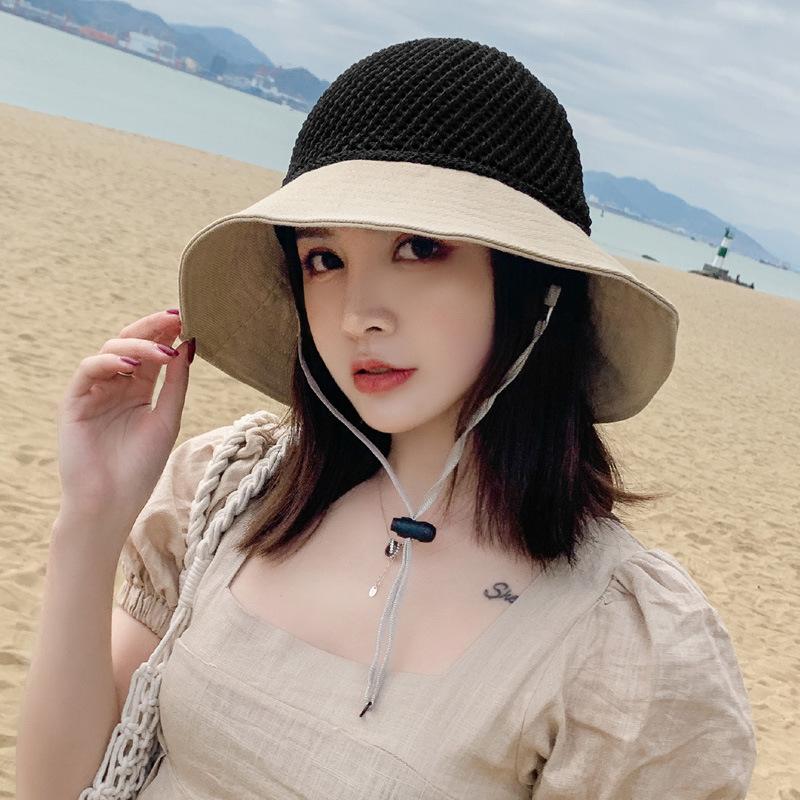 Sun hat large brim sun protection bucket hat foldable hollow splicing bow straw hat seaside vacation sun hat