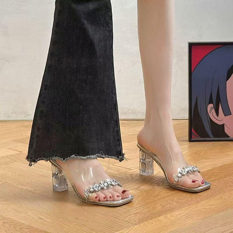 Silver crystal sandals outer wear women's summer 2025 new transparent belt one-word drag fairy rhinestone high heels thick heel