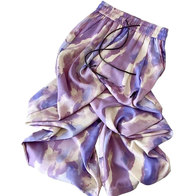 Plus Size Women's Summer Ice Silk Wide-Leg Pants: High Waist, Slimming, Cool & Casual.
