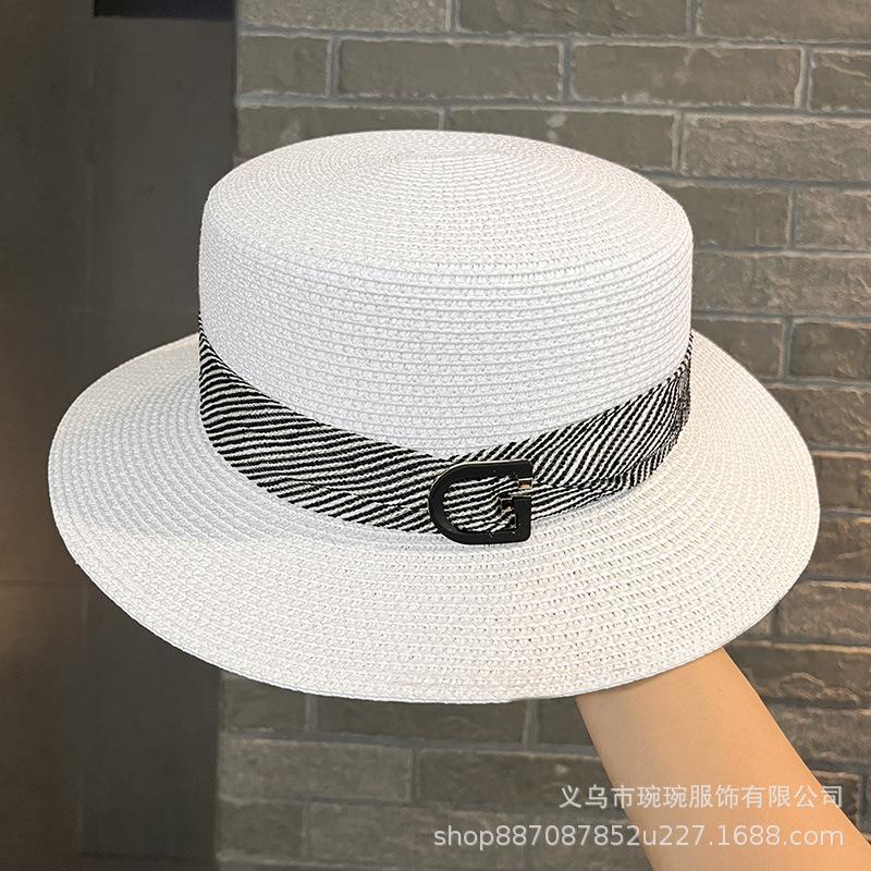 Summer metal letter label webbing straw hat women's face small fashion new sunshade sunscreen flat top top hat