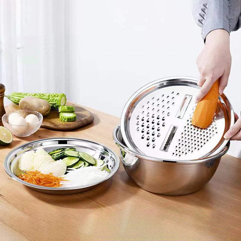 3Pcs Stainless Steel Vegetable Slicer Grater Tool Potato Shredder Mandoline Slicer Food Processor with Drain Basket Anti Cut Hand Guard Kitchen Gadget