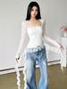 Spicy Girl Lace Patchwork Square Neck T-shirt with Flowing Ribbons and Slimming Bodycon Fit