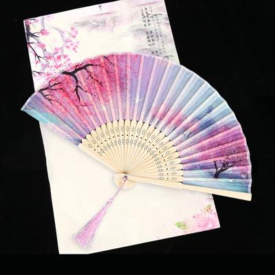 Handfächer im Vintage-Stil, aus Bambus, faltbar, bedruckt, Seidenblumen-Imitation, im chinesischen Stil, mit Quasten-Anhänger