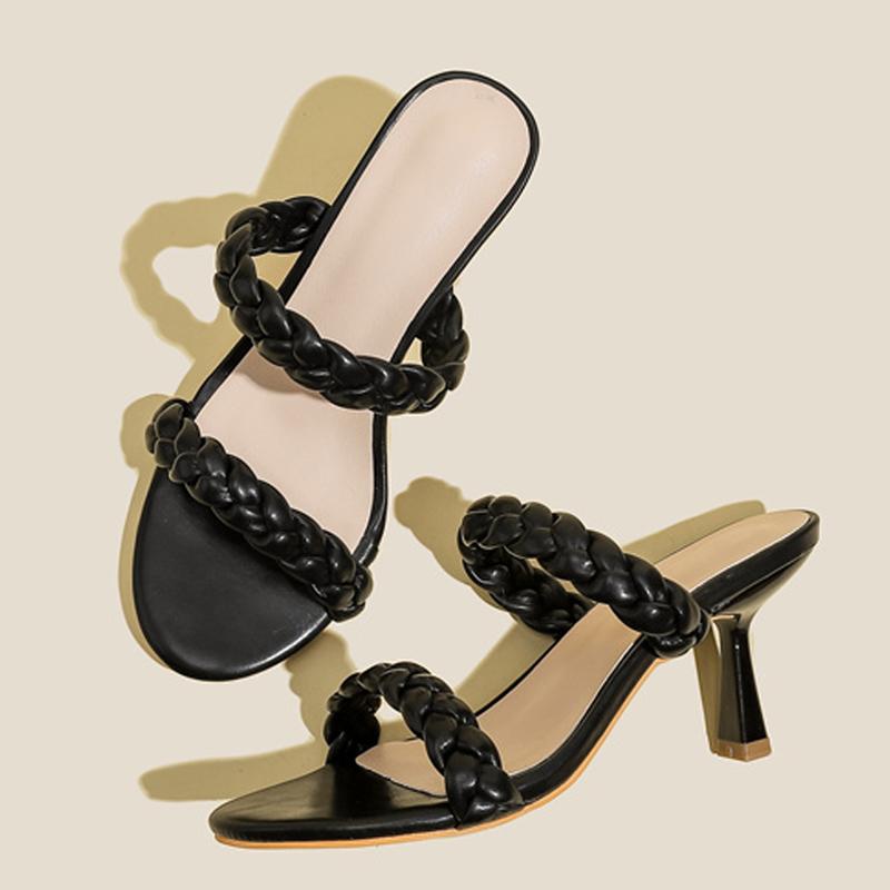 Liyke Letní pletené dámské pantofle venkovní s otevřenou špičkou nízký tenký podpatek ležérní gladiátorky dámské boty plážové nazouváky žabky