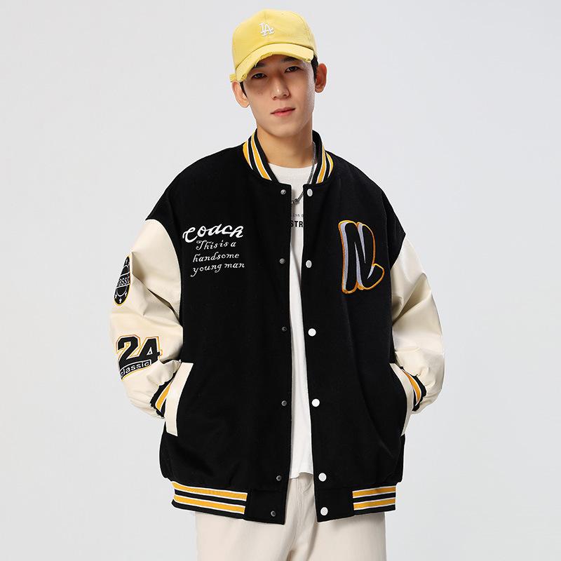 

Men s spring and autumn American retro baseball uniform couple ins splicing embroidery jacket men s loose fried street M