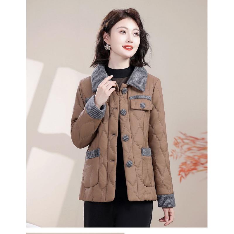 Short Color-blocked Cotton Coat for Women Thickened and Warm Autumn Winter Lapel Pocket Button Cardigan Fashionable Coat Top