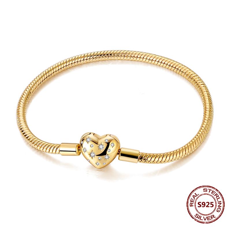 Pink Love Heart Silver 925 Bracelet Original Bracelets Zircon Cat Paw Snake Chain For DIY Charms 17-20CM Wedding Jewelry Gifts