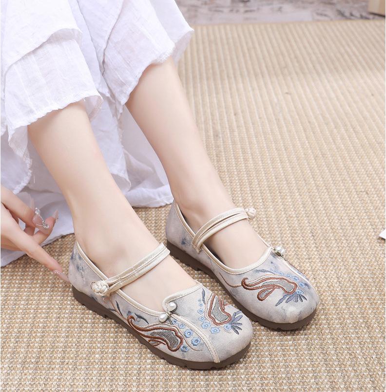 Women's Mary Jane Elegant Strappy Flats Woman Vintage Chinese Beijing Canvas Hanfu Shoes Elder Lady Ancient Embroidery Shoes