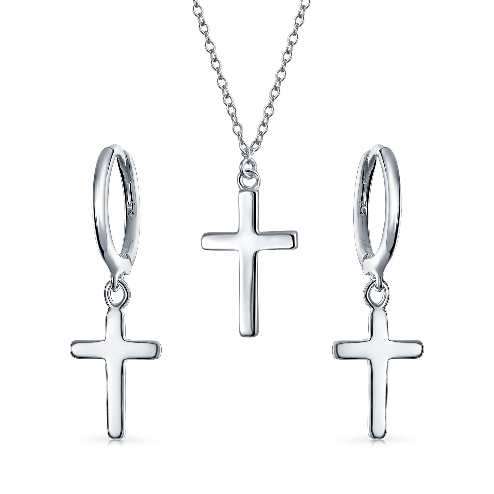 

Minimalist Simple Small Religious Jewelry Set Cross Necklace Pendant Huggie Stud Earrings for Women Teens Sterling Silver [Bling Jewelry] .925