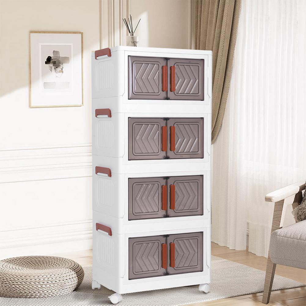 Dulap de depozitare pantofi cu 4 niveluri, Recipiente de depozitare din plastic, Cutie de pantofi din plastic cu uși și roți pentru expunere, Organizator pantofi