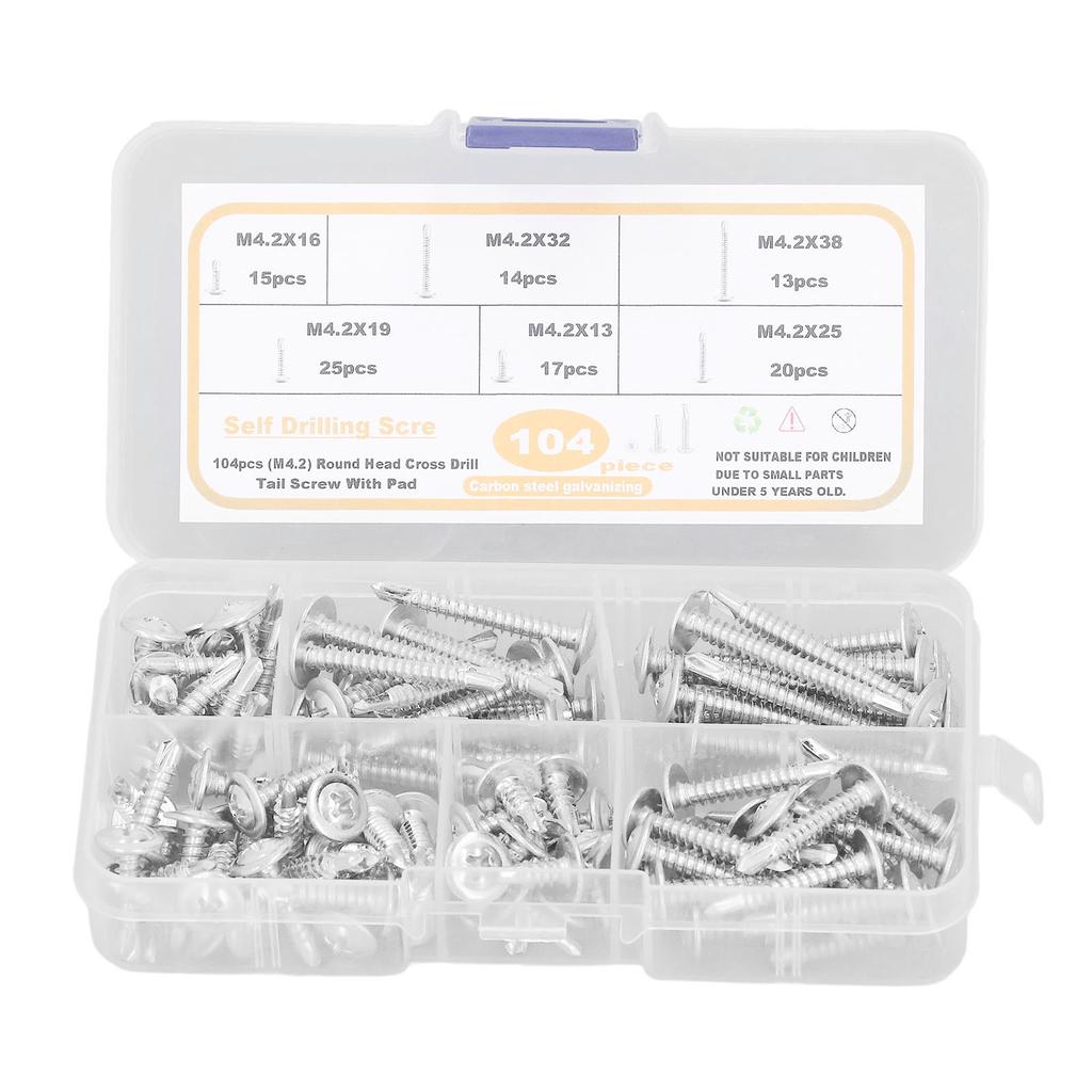 104 Pcs Self Drilling Screw M4.2 Cross Slot Round Washer Head Carbon Steel Self Drilling Screw for Household Appliance