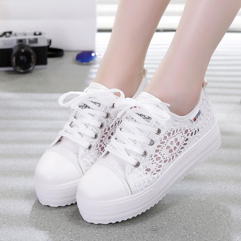 Summer Cutouts Hollow Breathable Platform Flat Lace Canvas Casual White Sneakers Walking Shoes for Women