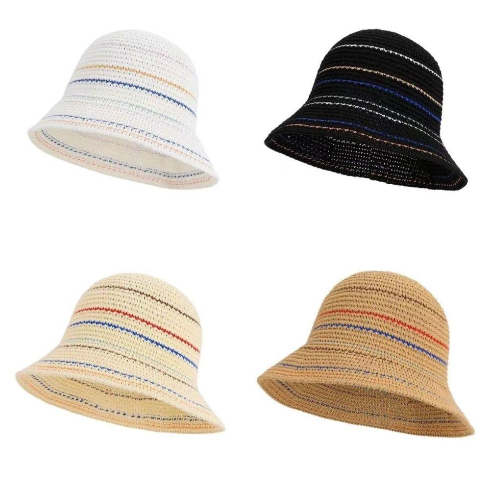 Color-Blocked Striped Knitted Hollow Fisherman Hat Vintage Style Bucket Sun Hat  Beach